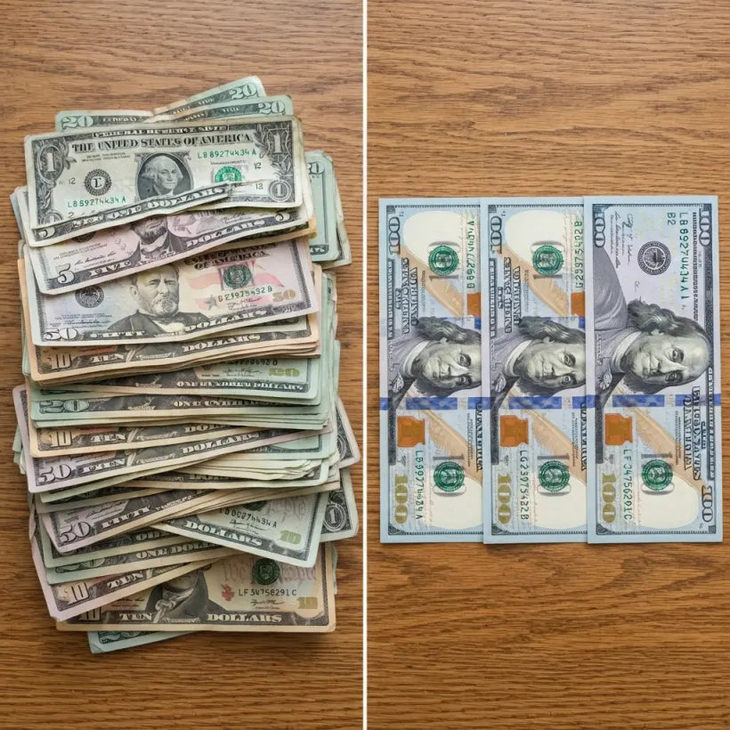 A thick stack of cash next to three hundred dollar bills