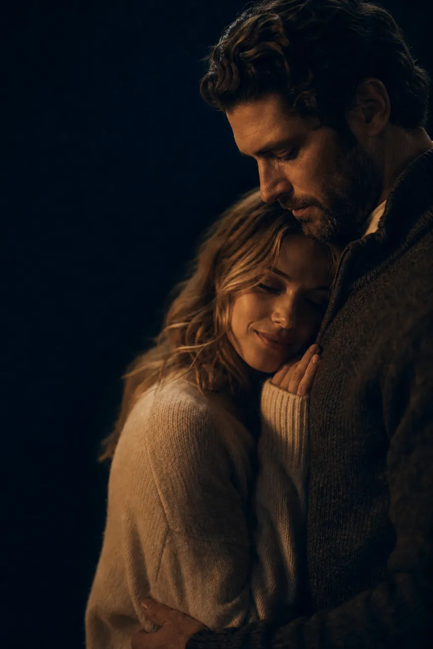 A calm, unhurried man holding his partner close