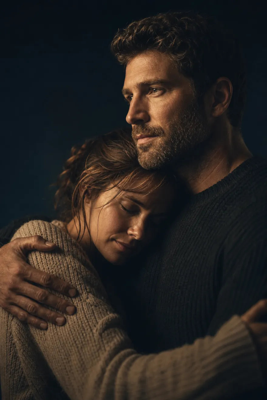 A steady, reassuring man comforting his partner