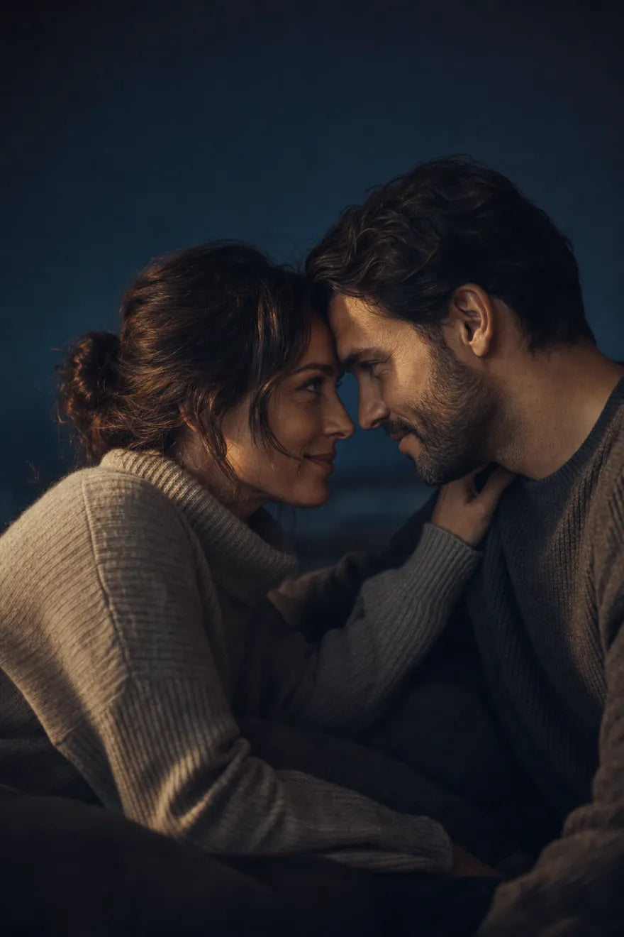 A couple fully present with each other, foreheads touching