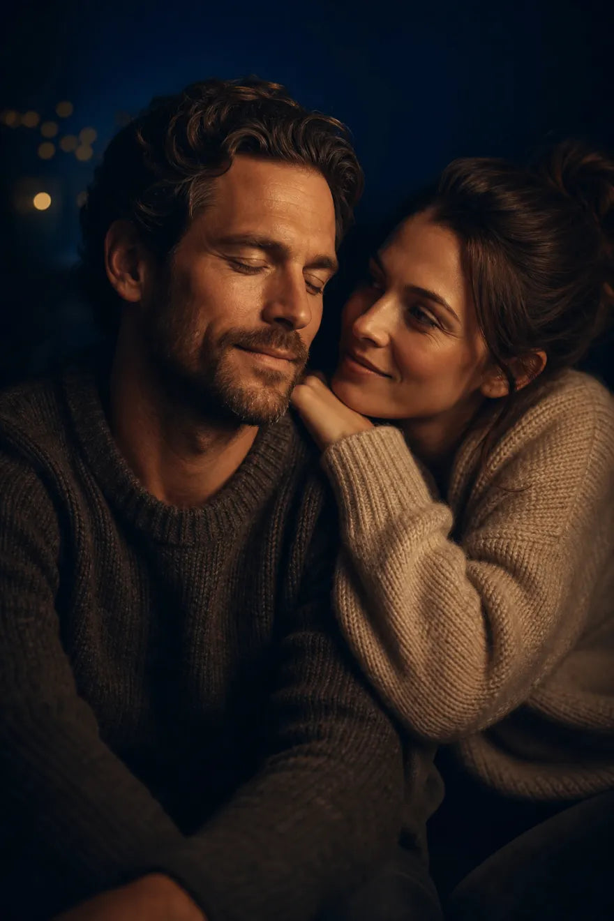 A man at peace, his partner looking at him warmly